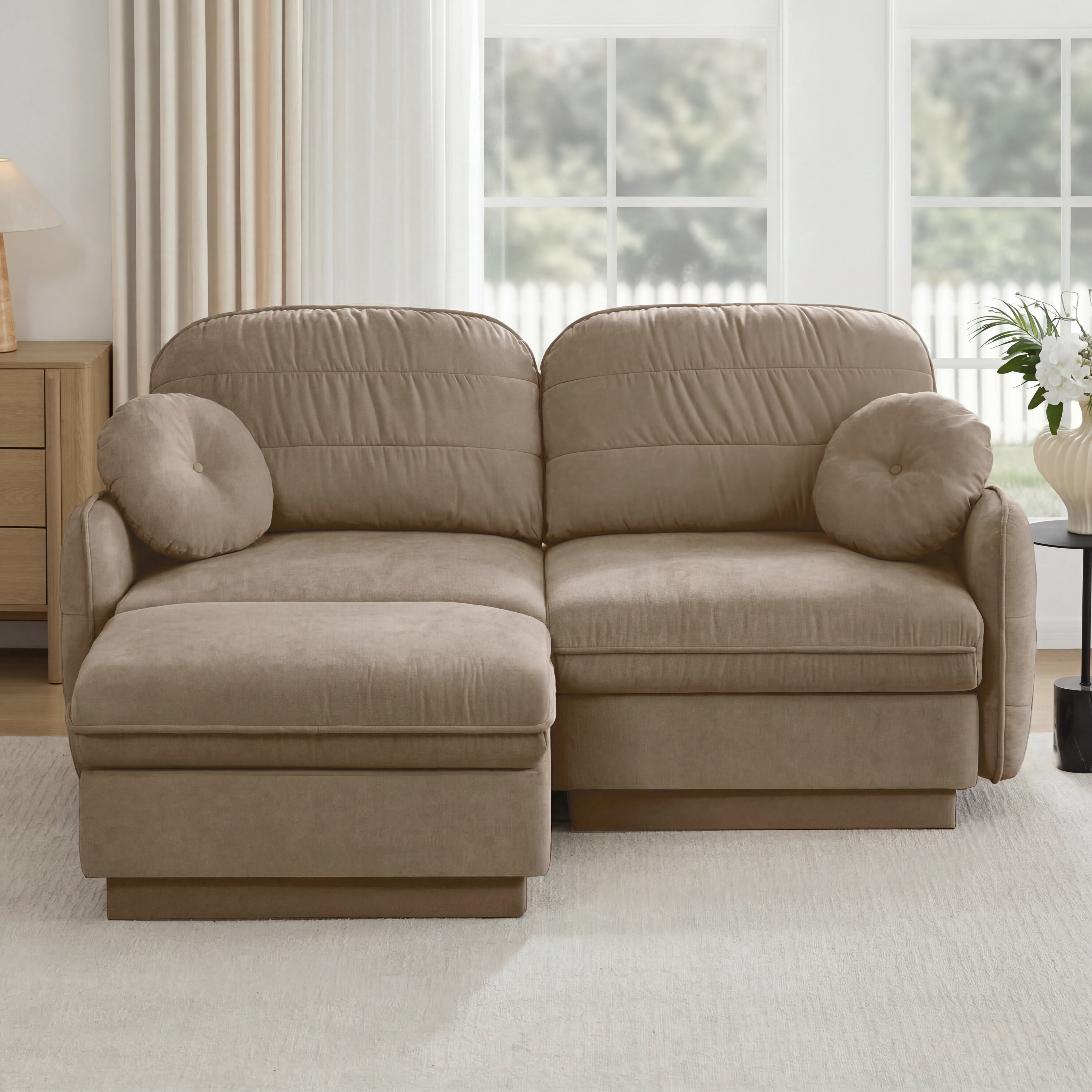 Mintazer Chenille Cloud Loveseat Sofa with Movable Ottoman and Round Pillows, L-Shaped Ergonomic Sofa Couch for Living Room, Bedroom, Light Coffee