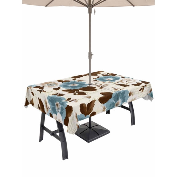 Outdoor Tablecloth with Umbrella Hole for Patio/Picnic/Party/Camping, Teal Brown Spring Floral Waterproof Table Cloth Rectangle Table Cover Washable, Vintage Botanical Summer (54"x 80")