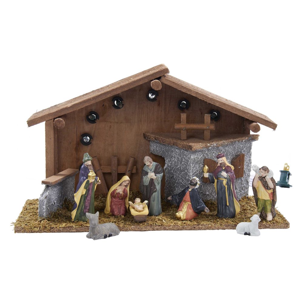 Kurt Adler Nativity with Figures and Lighted Wooden Stable, Set of 10
