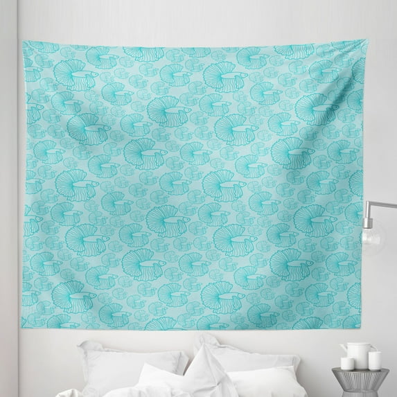 Ocean Blue Tapestry, Underwater Style Nautical Repetition of Striped Outline Fish Marine Print, Fabric Wall Hanging Decor for Bedroom Living Room Dorm, 5 Sizes, Pale Seafoam Teal, by Ambesonne