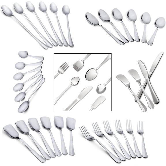 Anjali 34-Piece Stainless Steel Cutlery Set, Mirror Finish Flatware with Spoons, Forks & Knives, Service for Home Dining