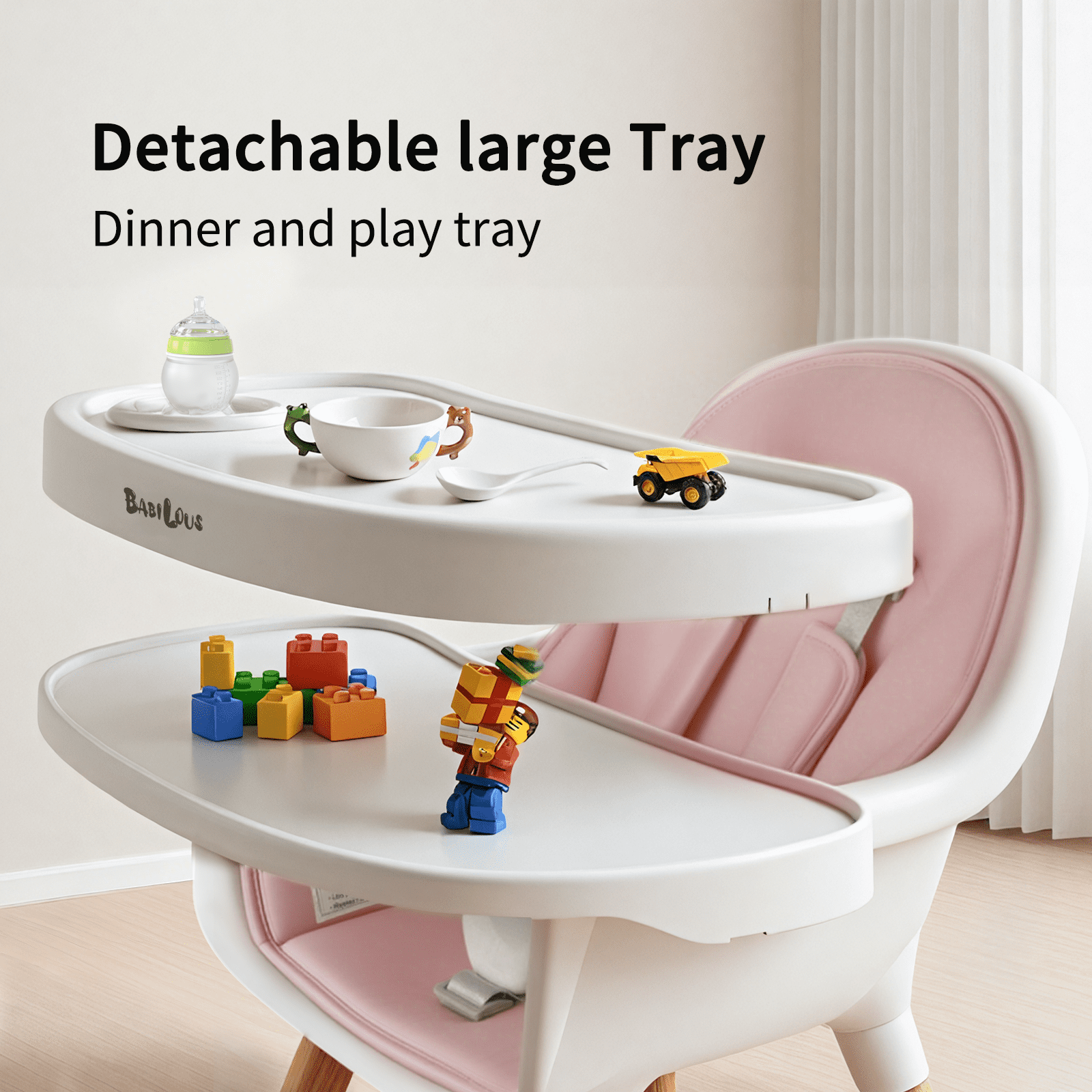 Babilous Baby High Chair, Wooden Highchair with Removable Tray, Adjustable Legs, Cushion, 5-Point Harness and Footrest for Infants, Baby, Toddlers, Pink