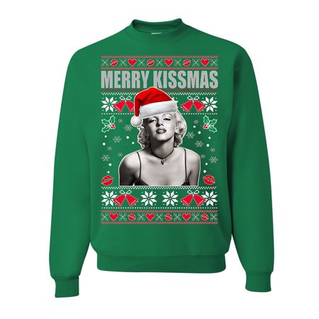Marilyn Monroe Merry Kissmas Ugly Christmas Unisex Crew Neck , Kelly Green, X-Large