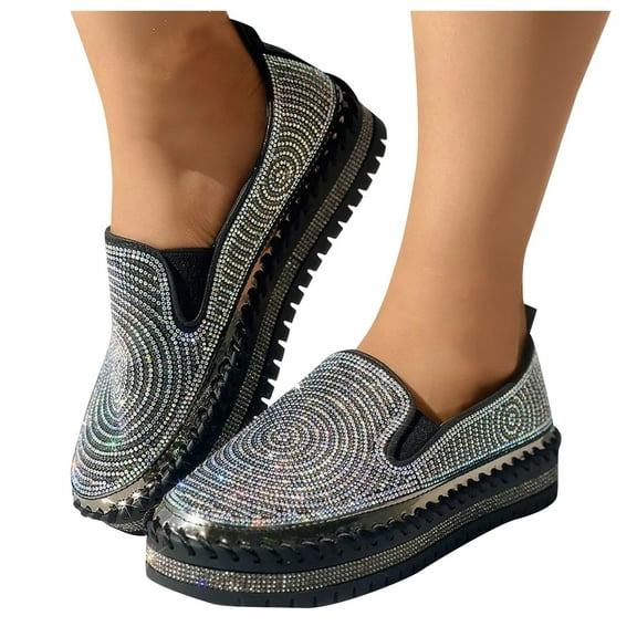 Mostsola Loafers for Women Glitter Rhinestone Slip on Shoes Casual Platform Walking Shoes
