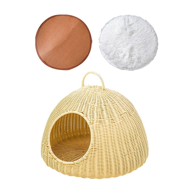 Lit de Maison de Chat, Lit de Chat de Rotin d'Imitation Tente de Chat de Chat d'Intérieur Nid Portable Beige avec 2 Tapis