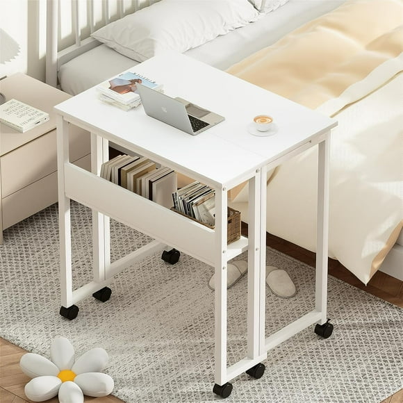 Folding Desk White Desk with Storage Shelf Small Size, Foldable Computer Desk with Wheels Small Desk for Small Space, Easy Assembly, Pure White