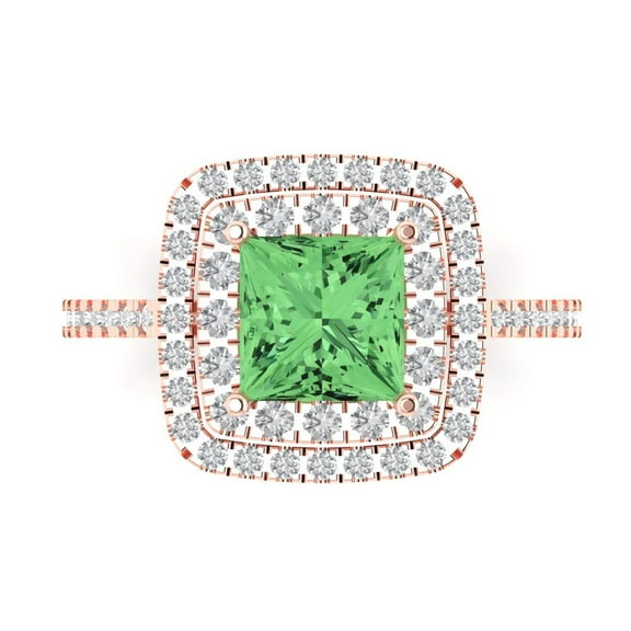 2.07 ct Princess Cut Simulated Green Diamond with Simulated Diamond Halo Accents 14K Rose Gold Womens Engagement Ring