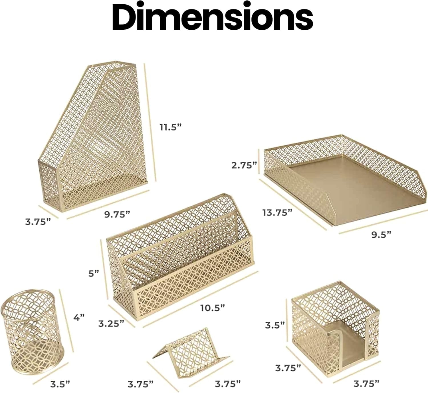 Gold Desk Organizer Set with Mail Sorter, Sticky Note Holder, Pen Cup, Magazine Holder, Letter Tray & Business Card Holder |   Stylish Desk Accessories for Home Office Décor