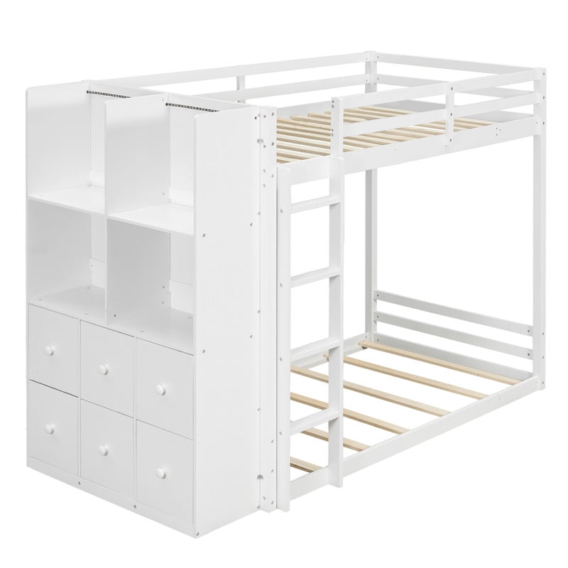 Twin Over Twin Bunk Bed with 6 Storage Drawers, 2-Tier Shelves & LED Light Strip, Reversible Wooden Bunk Bed Frame, Space-Saving Kids Bedroom Furniture