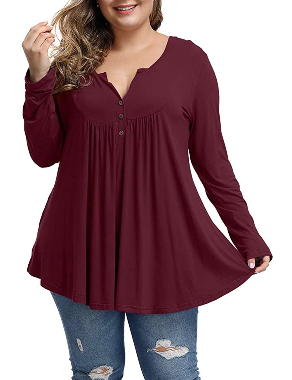 PLMOKEN Plus Size Top for Women Henley V Neck Shirts Short Sleeve Buttons Up Pleated Tunic Tops XL-4XL