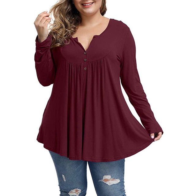 Women's Plus Size Henley Shirt Long Sleeve Henley V Neck Tunic Tops