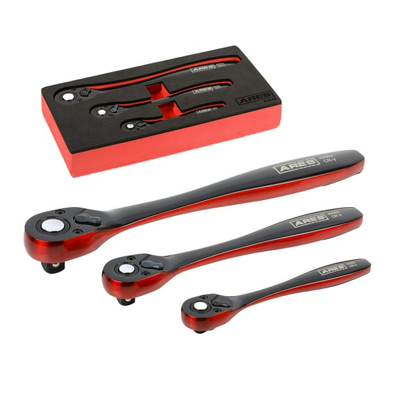 ARES 42049-3-Piece Dual Tone 72-Tooth Ratchet Set - Made of Chrome Vanadium Steel - Sleek Black and Red Finish - Quick Release for Easy Socket Change - 72-Tooth Reversible Design