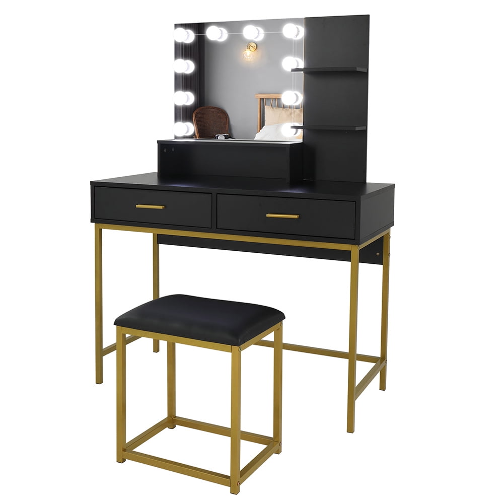 Kepooman Vanity Makeup Set, Upholstered Stool Vanity Set with 10 LED Bulbs, 3 Storage Shelves & 2 Drawers for Bedroom, Black Kepooman Vanity Makeup Set, Upholstered Stool Vanity Set with 10 LED Bulbs, 3 Storage Shelves & 2 Drawers for Bedroom, Black