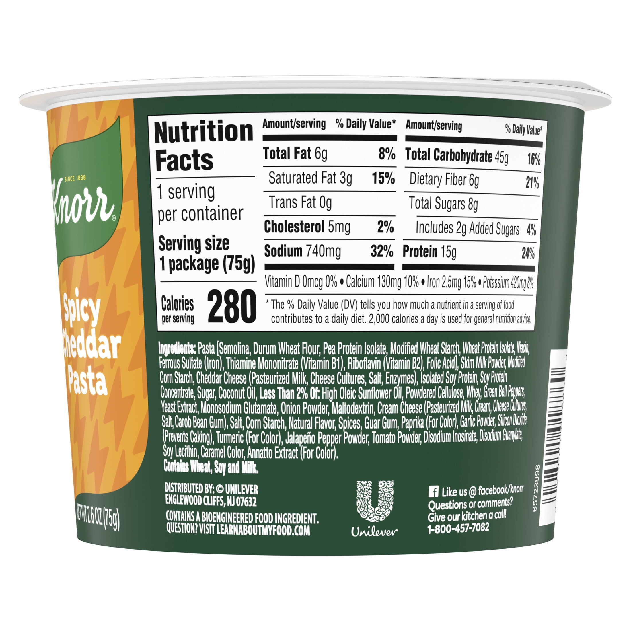 Knorr Protein Cup Spicy Cheddar Pasta, Made with Real Cheddar, 15g of Protein, 2.6oz