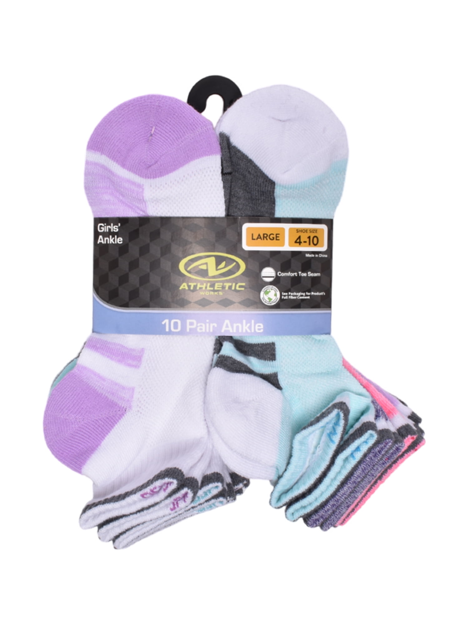 Athletic Works Girls Cushioned Ankle Socks, 10-Pack, Sizes S (6-10.5) - L (4-10)