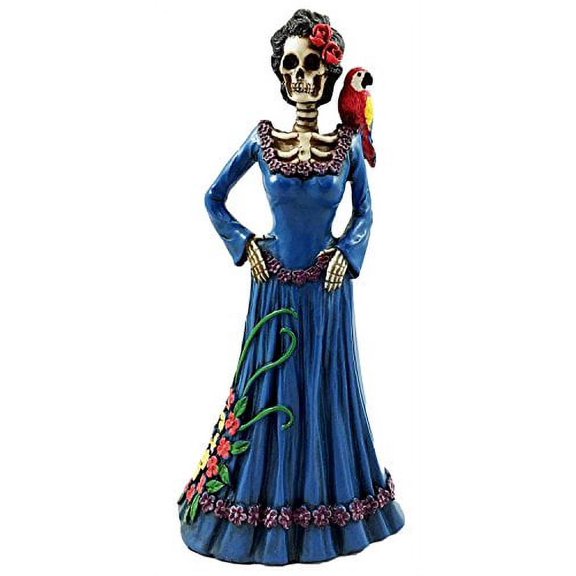 Day Of The Dead Lady In Blue With Scarlet Macaw Parrot Skeleton Figurine Sculpture