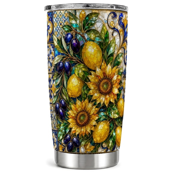 Stained Glass Lemon Tumbler 20oz, Floral Tumbler, Steel Travel Cup