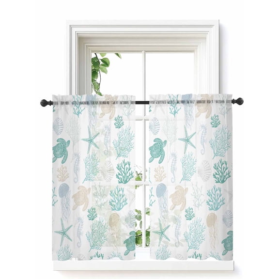 Teal Coastal Tier Curtains 45 Inch Length,Sheer Curtains for Bedroom Living Room Window Nautical Summer Beach Coral Sea Turtle Rod Pocket Drapes Kitchen Curtains Small Half Window 27.5"x45" 2 Panels
