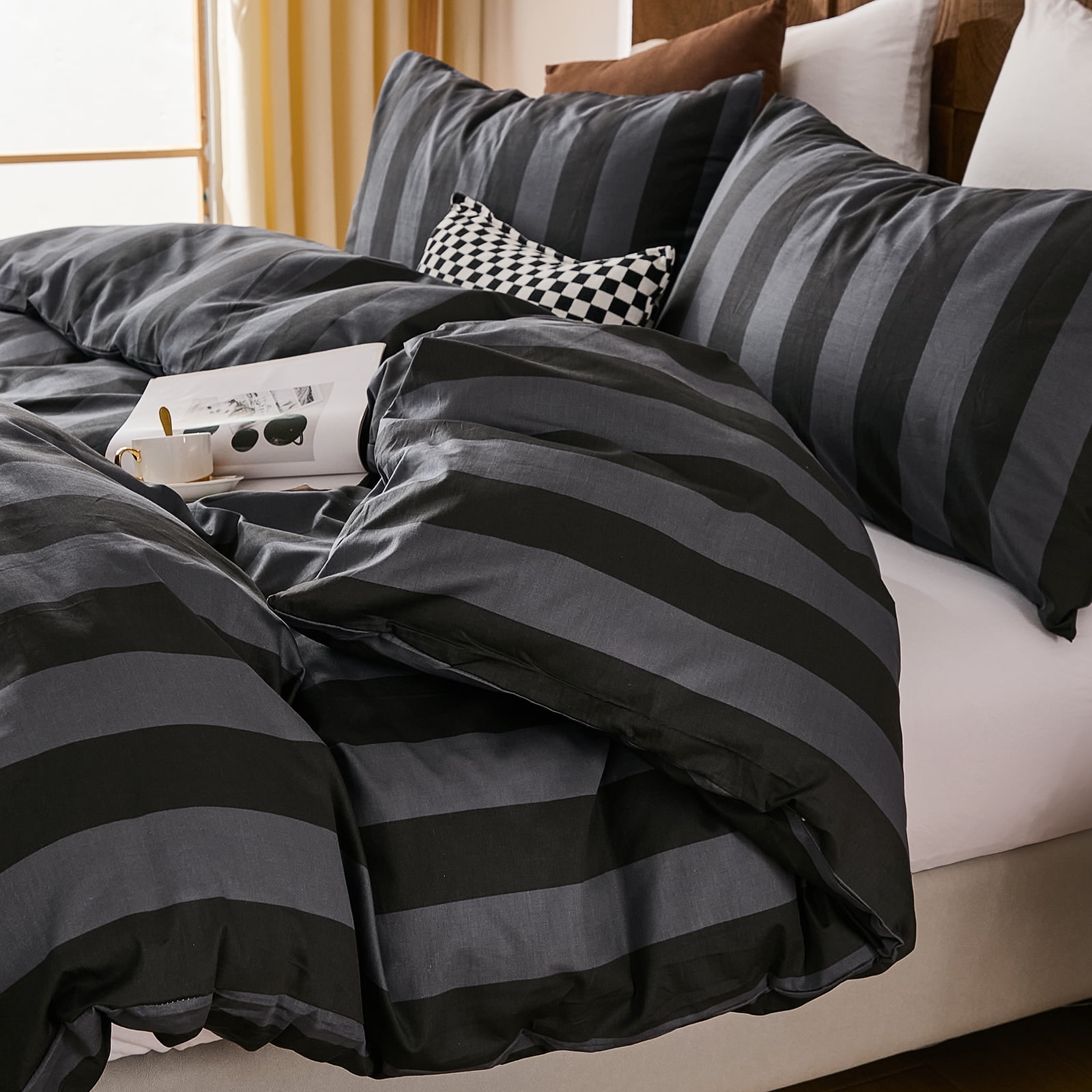 100% Cotton Stripe Duvet Cover Set Queen Size - Gray Striped Duvet Cover Set with Zipper Closure & 8 Corner Ties, Modern Minimalist Wide Stripe Bedding Set for Cozy Elegant Bedroom