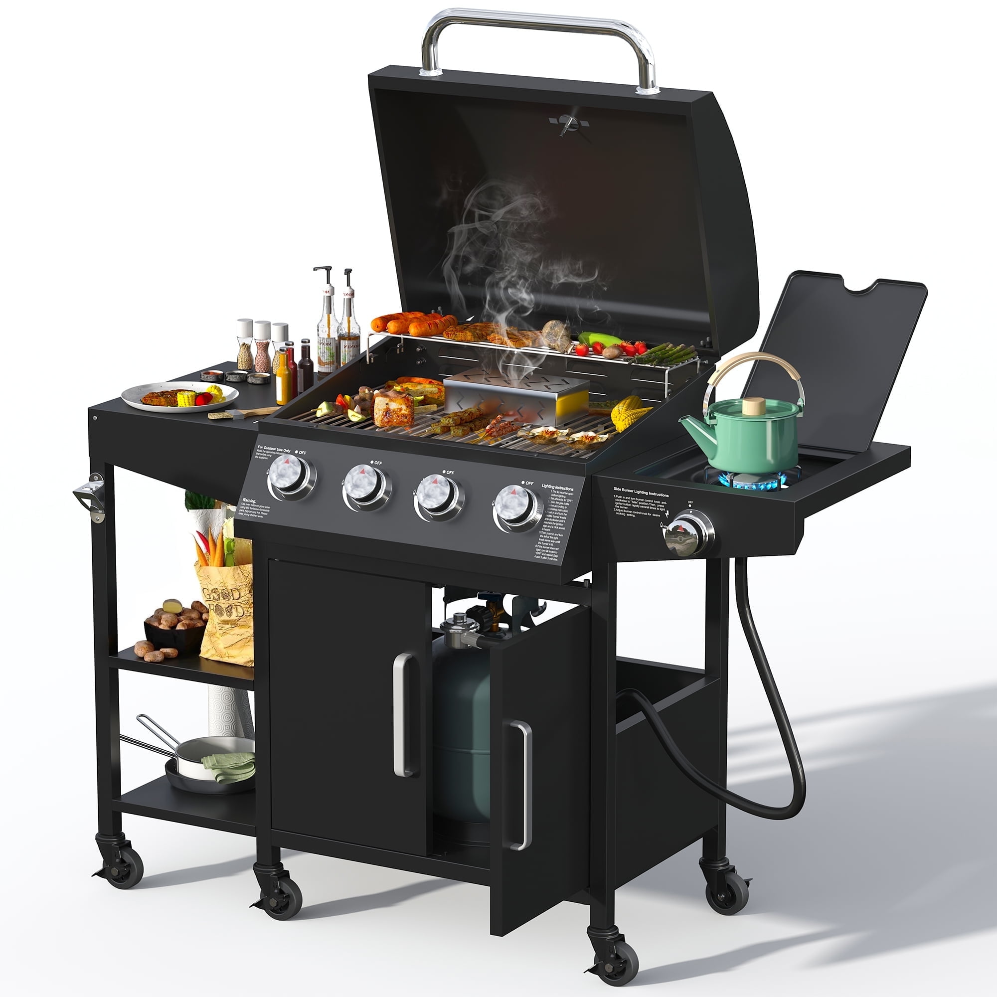 4 Burner Propane Gas Grill with 3 Tier Shelf, 50000 BTU Outdoor Cooking Stainless Steel BBQ Grills Cabinet,Can be Placed Smoke Box,Black