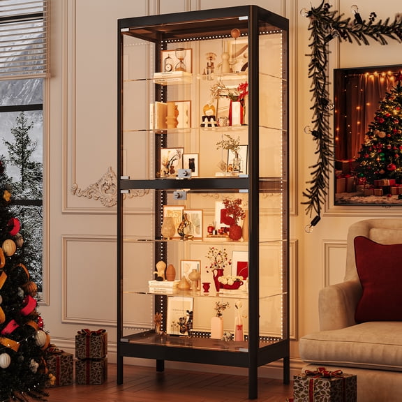 WOOW DEPOT 63" Metal Display Cabinet 6-Tier Heavy Duty Curio Cabinet w/ 3C Tempered Glass 4 Side, 2 Glass Doors, RGB LED Light, Safe Lock & 2 Keys, Adjustable Shelves Home Office Shelving Unit, Black