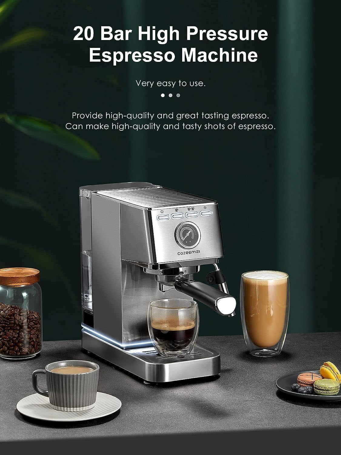Espresso Machine, Cozeemax 20 Bar Espresso and Cappuccino Maker with Milk Frother Steam Wand, Stainless Steel