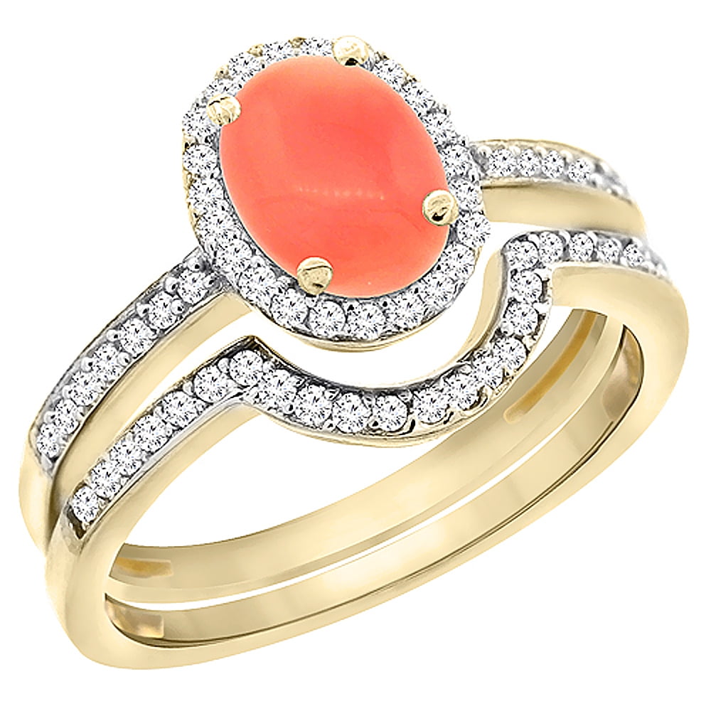 14K Yellow Gold Diamond Natural Coral 2-Pc. Engagement Ring Set Oval 8x6 mm, size 5 by Gabriella Gold
