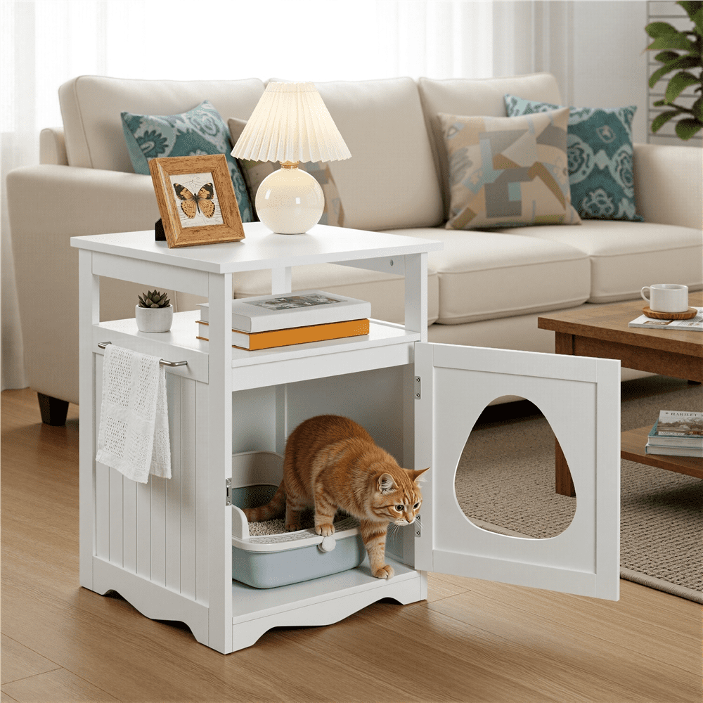 Yaheetech Indoor Wooden Cat Litter Box Enclosure with Open Shelf, White