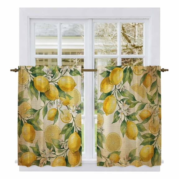 Lemon Kitchen Curtain for Berdoom Living Room Cafe 54 Inch Length, Farmhouse Vintage Summer Retro Fruits Yellow Brown Tiers Curtains Light Filtering Drapes Window Treatment 2 Panels 52"Wx54"L