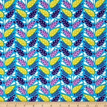 Spring Bird Leaves in Blue 100% Cotton Fabric Sold by the Yard