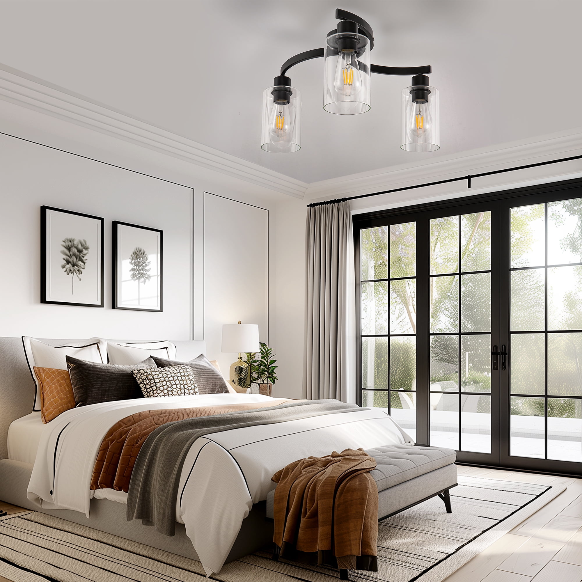 YANSUN 11.8 in 3-Light Matte Black Semi-Flush Mount, Ceiling Fixture with Clear Glass Shades for Bedroom, Living Room, Hallway & Entryway