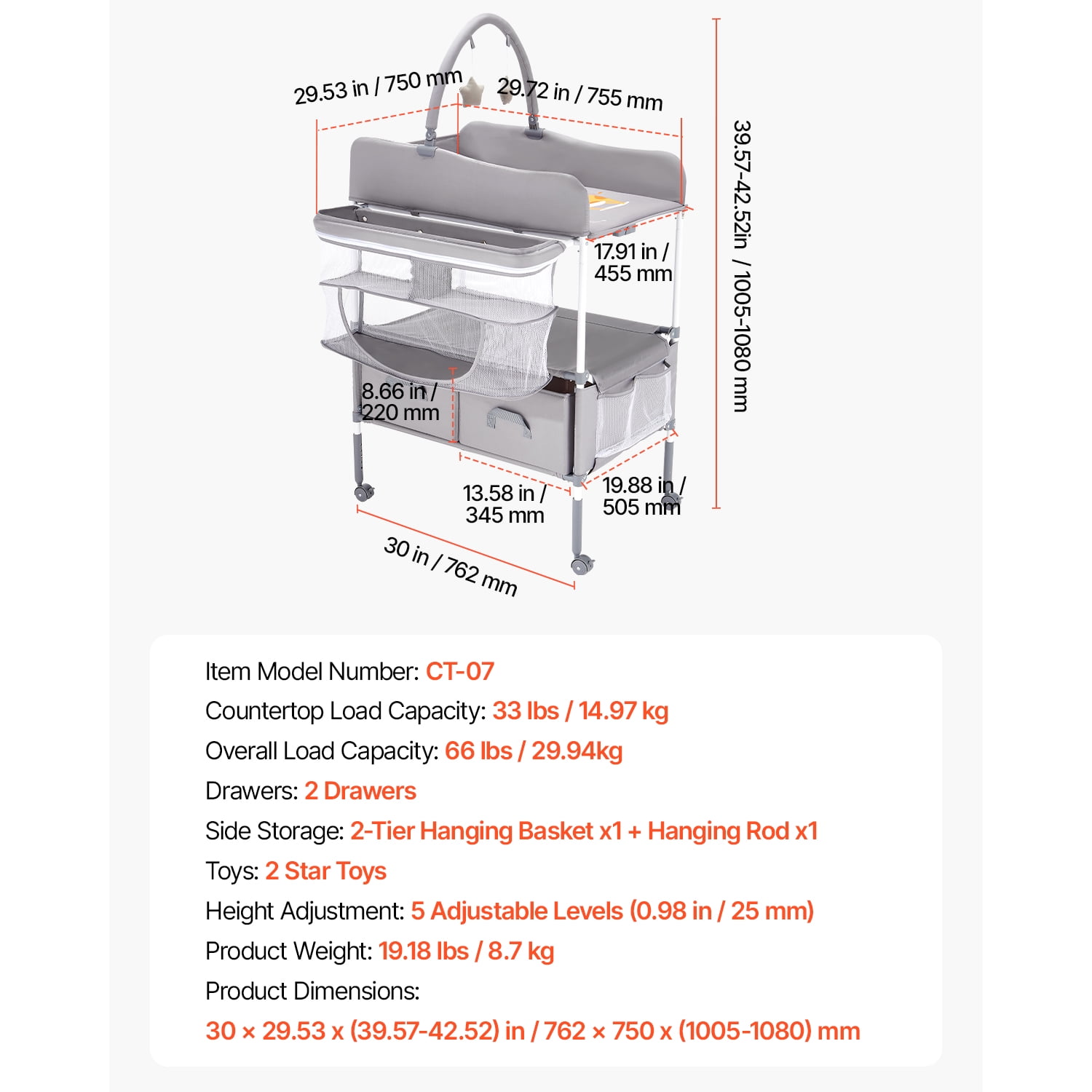 KFFKFF Foldable Baby Diaper Changing Tables 30.00 x 29.53 x (39.57–42.52) in Light Gray