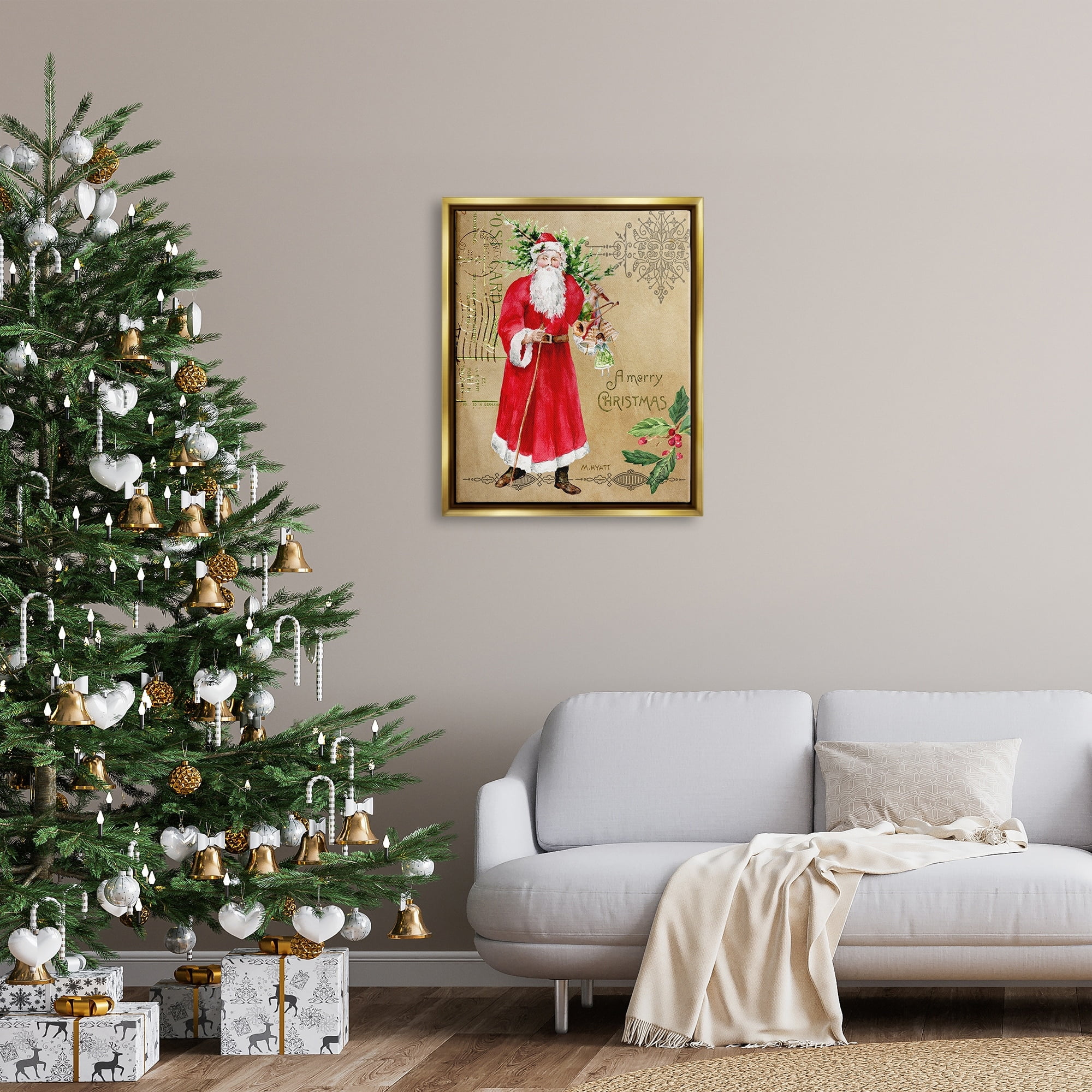 Stupell Industries Vintage Santa Claus Vintage Christmas Postal Design Metallic Gold Framed Floating Canvas Wall Art, 24x30, by Melissa Hyatt LLC