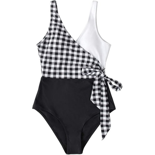 Women's One Piece Swimsuit Wrap Color Block Tie Side Bathing Suit, Lattice XL