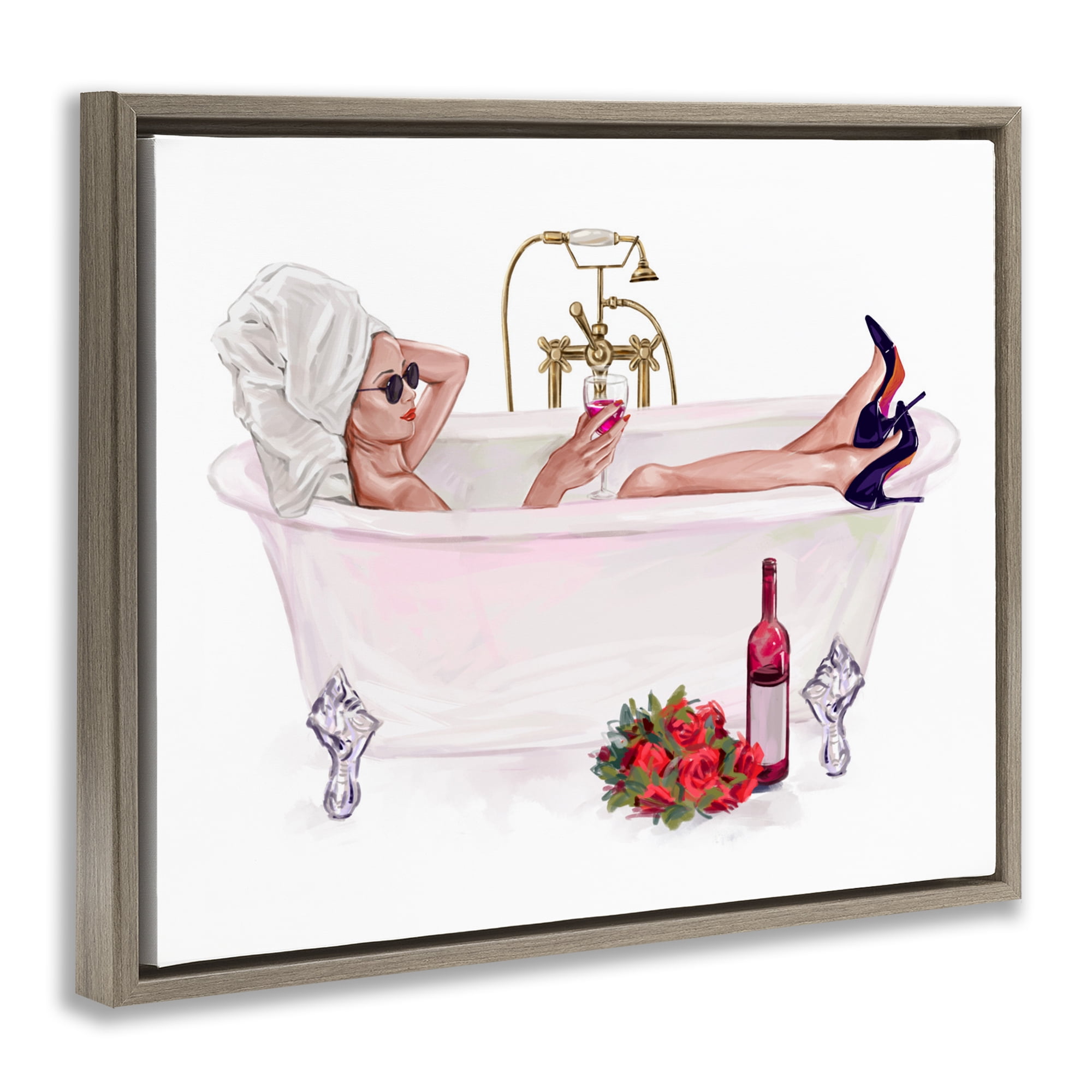 Woman with Wine Bath Brown Framed Floater Canvas Wall Art, design by Ziwei Li