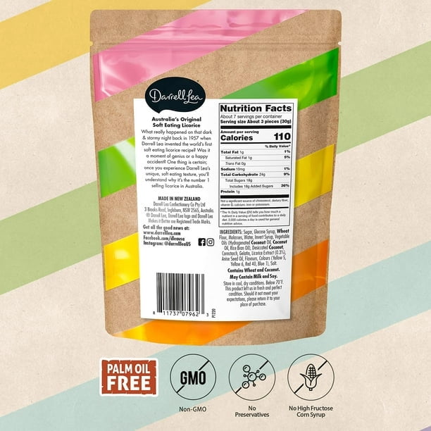 Darrell Lea Soft Australian Licorice, Non-GMO, No Palm Oil, Plant Based, No High Fructose Corn Syrup, Soft & Chewy, Made in Australia, Allsorts, 7 OZ (Pack of 8)