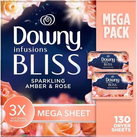 Infusions Mega Dryer Sheets, Laundry Fabric Softener, BLISS, Amber and Rose, 130 Count