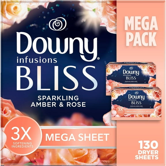 Infusions Mega Dryer Sheets, Laundry Fabric Softener, BLISS, Amber and Rose, 130 Count