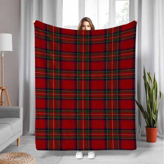 Rustic Plaid Throw Blanket - Red Green Flannel Fleece, Soft Cozy All-Season Blanket for Couch Bed Travel, Holiday Gift Home Decor, Machine Washable