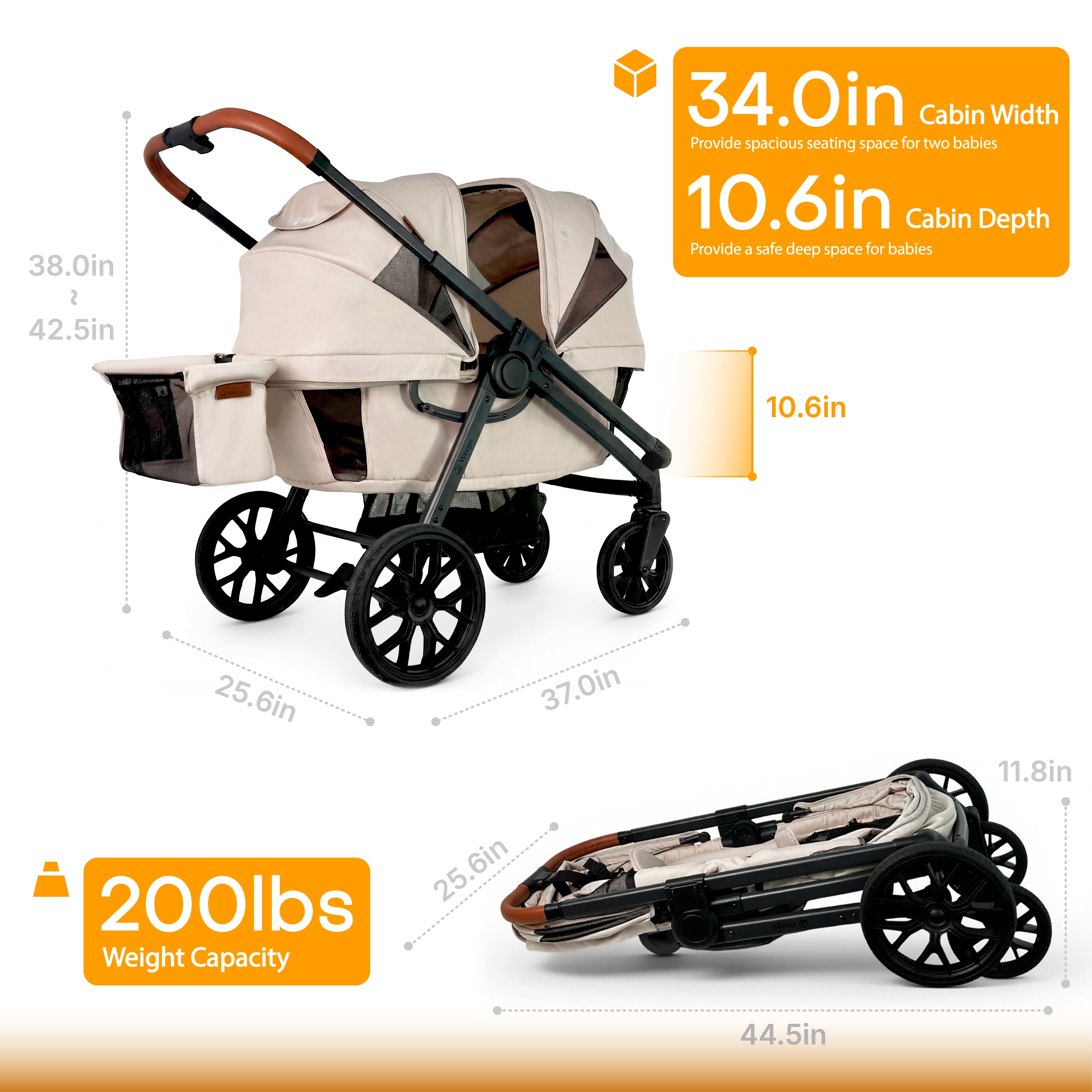 Tandem Wagon Stroller All Terrain 2 Kids Stroller with Canopy Adjustable Handle Snack Tray Cup Holders for Baby Toddler, Khaki