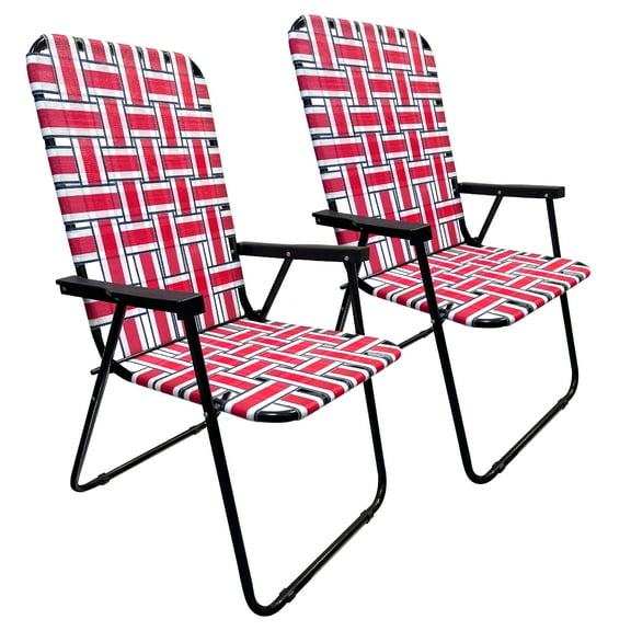 EasyGo Product Portable Patio Retro Style High Back Design Outdoor Webbed Chair for Backyard, Camping, Sporting Events Easy Folding, 2 Pack Red/Blue Stripes