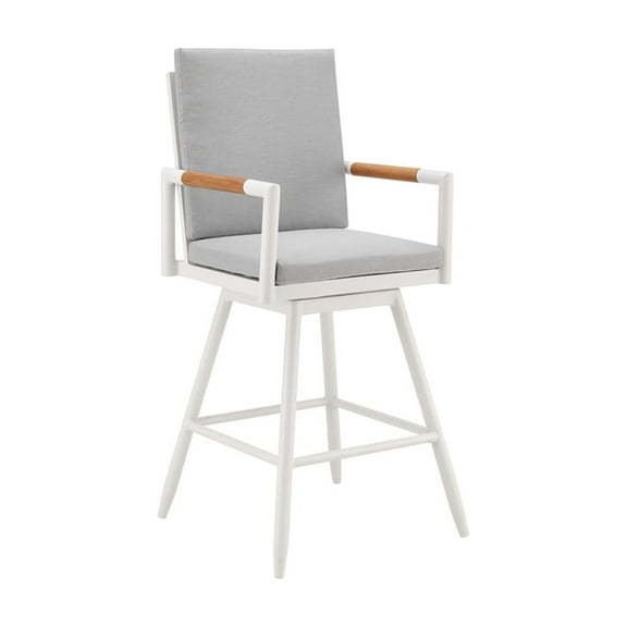 HomeStock Coastal Charm Outdoor Patio Swivel Bar or Counter Stool in Aluminum with Brown Rope and Light Gray Cushions, , Weather-Proof Design