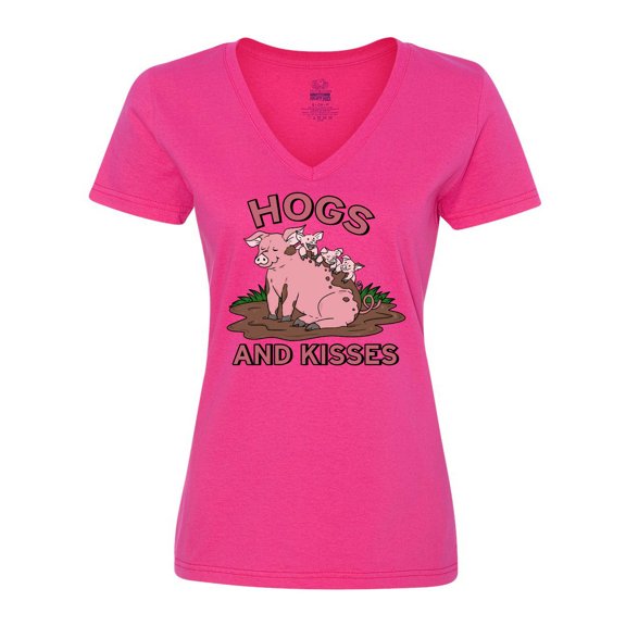 Inktastic Hogs and Kisses with Cute Pig Family Women's V-Neck T-Shirt