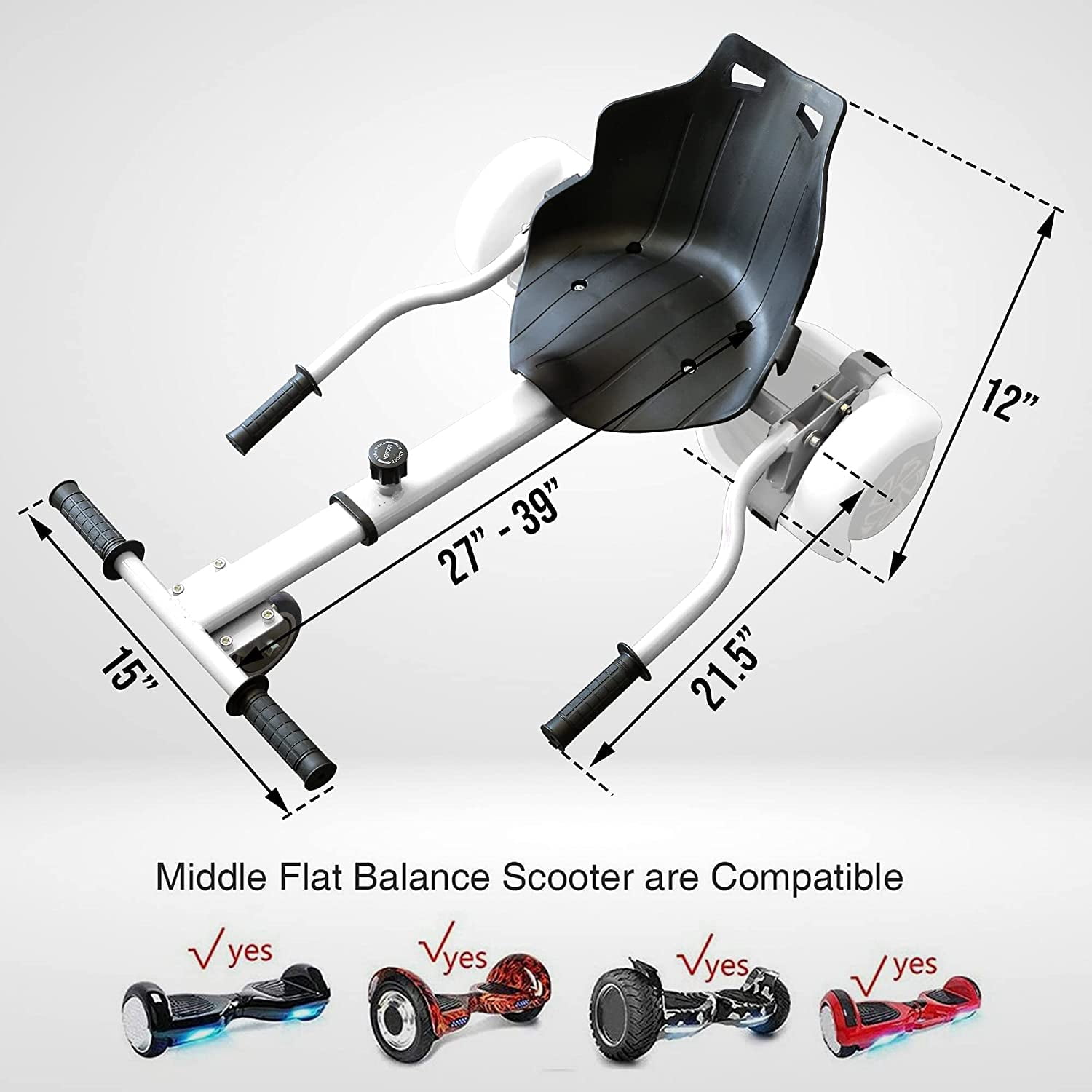 HoverFUN Hover Kart Go Kart Adjustable Seat Attachment for 6.5" Hover-Board Buggy - White