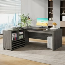 Finmind  Executive Desk with Mobile File Cabinet, 62.2-Inch L-Shaped Office Desk with Storage Shelves for Home Office, Gray