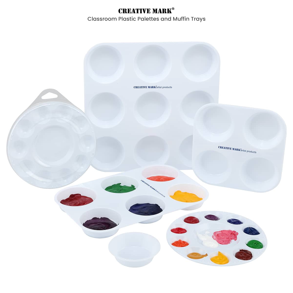 Creative Mark 10-Well Round Plastic Paint Palette with Lid - Pack of 96, Durable, Reusable, Solvent-Resistant, with Oversized Paint Wells Mixing and Color Theory - 7.4ml (0.25oz) Per Well