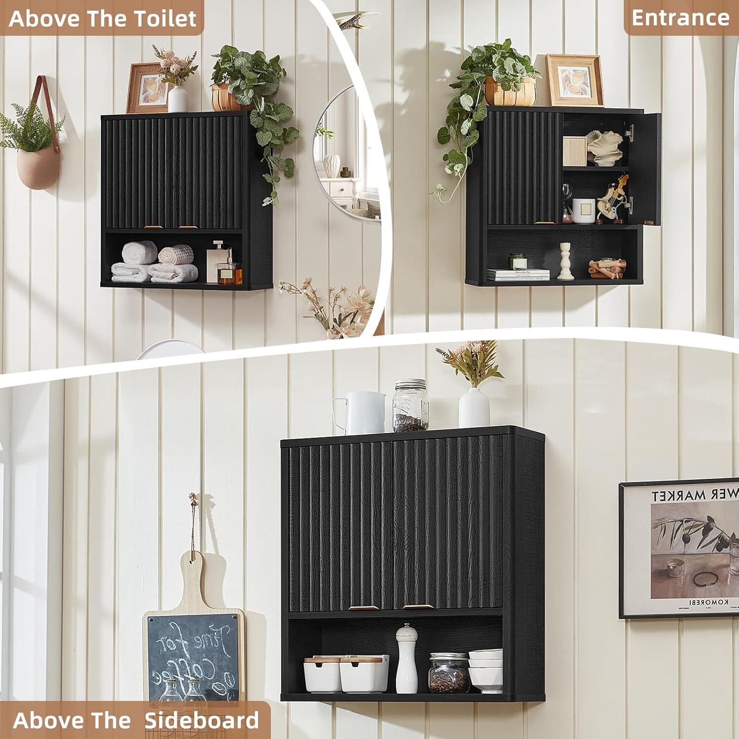 Leyaoyao Fluted Medicine Cabinet Storage Organizer Wall Mount with 2 Doors and Adjustable Shelves, Black