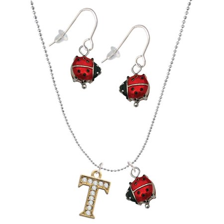 Delight Jewelry Goldtone Crystal Initial – T – Red Lucky Ladybug Necklace and Dangle Earrings Set Delight Jewelry Goldtone Crystal Initial – T – Red Lucky Ladybug Necklace and Dangle Earrings Set