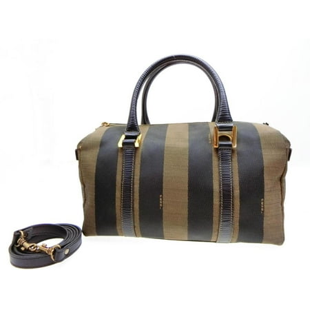 - Tobacco Pequin Strip Boston with Strap 232175 Brown Canvas Satchel