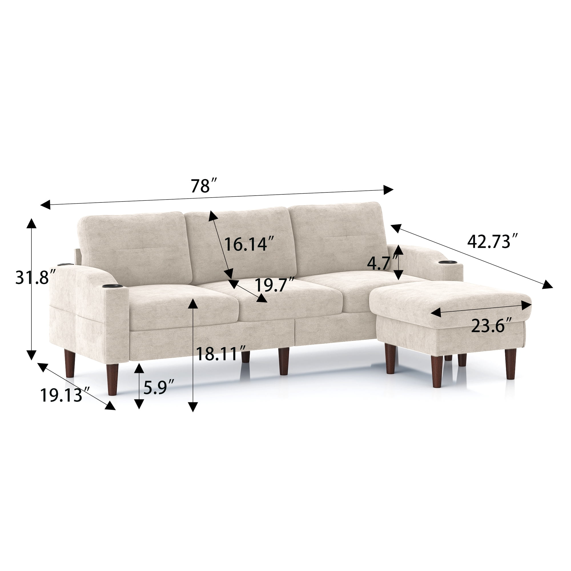 Aukfa L Shaped Sectional Sofa with USB Ports and Cup Holders, 78" 3 Seater Couch with Storage Ottoman, Beige
